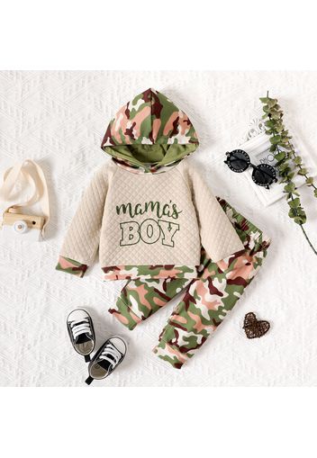 2pcs Baby Boy 95% Cotton Long-sleeve Camouflage Spliced Letter Print Thickened Hoodie and Sweatpants Set