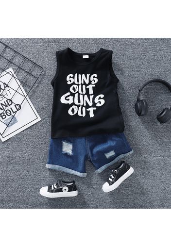 2pcs Toddler Boy Trendy Ripped Denim Shorts and Letter Print Sleeveless Tee Set