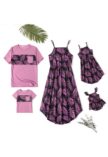 Family Matching All Over Palm Leaf Print Spaghetti Strap Midi Dresses and Short-sleeve T-shirts Sets