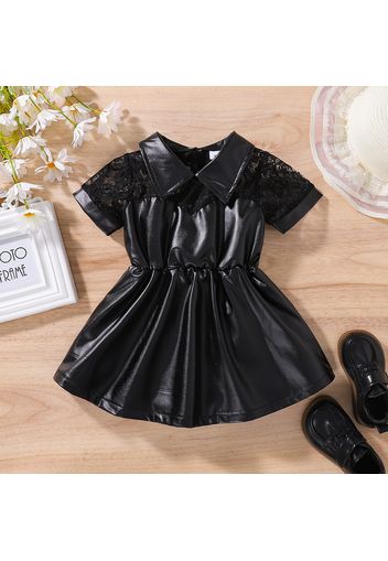 Baby Girl Black Lace Short-sleeve Splicing Faux Leather Dress