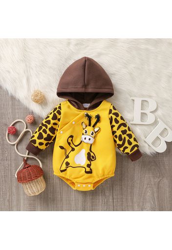 Baby Girl/Boy Animal Print Colorblock Hooded Long-sleeve Romper