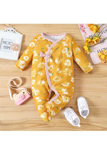 Baby Girl All Over Floral Print Yellow Waffle Long-sleeve Footed Jumpsuit