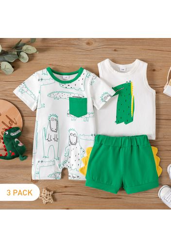 3pcs Baby Boy Dinosaur Print Cotton Tank Top and Shorts with Short-sleeve Romper Set