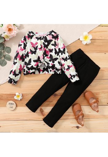 2-piece Toddler Girl Butterfly Print Twist Knot Long-sleeve Top and Black Pants Set