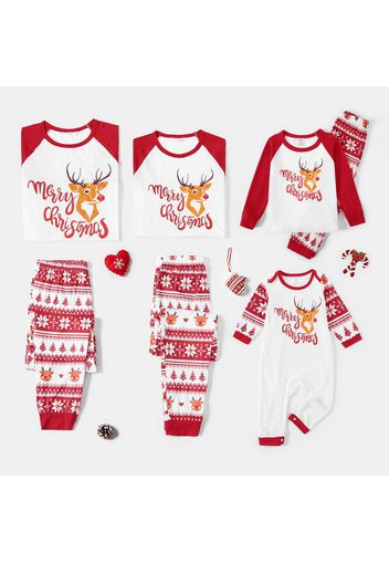 Christmas Reindeer and Letter Print Red Family Matching Raglan Long-sleeve Pajamas Sets (Flame Resistant)