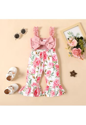 Baby Girl Ruffle Spaghetti Strap Hollow Out Bowknot Splicing Floral Print Bell Bottom Jumpsuit