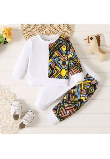 2pcs Baby Boy/Girl 95% Cotton Long-sleeve Boho Print Spliced Sweatshirt and Sweatpants Set