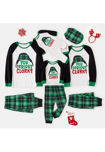 Christmas Letters and Hat Print Green Plaid Family Matching Long-sleeve Pajamas Sets (Flame Resistant)