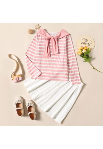 2-piece Kid Girl Stripe Shawl Design Long-sleeve Tee and Solid Color Skirt Set