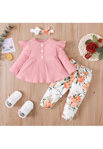 3pcs Baby Girl Solid Ribbed Button Down Long-sleeve Top and Floral Print Trousers Set