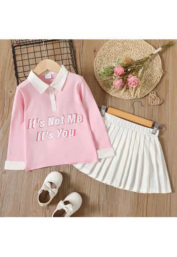 2pcs Toddler Girl Preppy style Letter Print Colorblock Polo Shirt and White Pleated Skirt Set