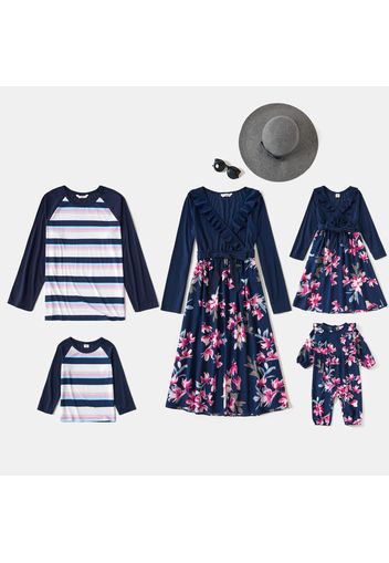 Family Matching Long-sleeve Cross Wrap Ruffle Splice Floral Print Dresses and Striped T-shirts Sets