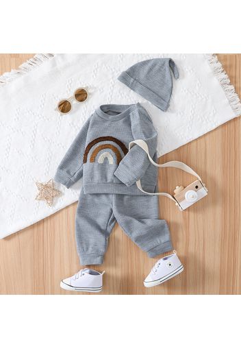 3pcs Baby Boy/Girl Rainbow Design Waffle Long-sleeve Sweatshirt and Pants with Hat Set