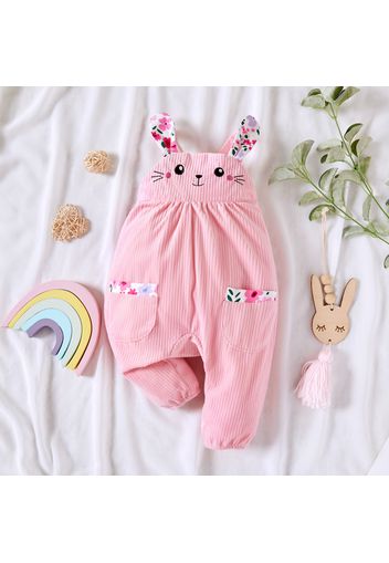 Baby Girl Pink Corduroy Rabbit Floral Print Suspender Jumpsuits