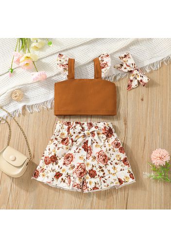 2pcs Baby Girl Flutter-sleeve Ribbed Crop Top and Floral Print Bowknot Shorts Set