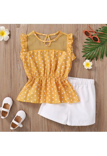 2pcs Kid Girl Polka dots Mesh Design Sleeveless Peplum Top and White Shorts Set