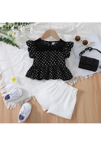 2pcs Baby Girl Black Mesh Splicing Polka Dots Flutter-sleeve Top and Solid Shorts Set