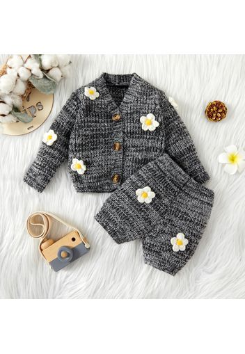 2pcs Baby Floral Knitted Black Long-sleeve Sweater Cardigan and Shorts Set