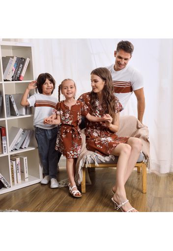 Floral Print Short-sleeve Family Matching Sets( Split Neck Belted Dresses and Striped T-shirts)