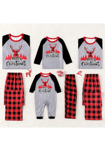 Christmas Reindeer and Letter Print Family Matching Raglan Long-sleeve Plaid Pajamas Sets (Flame Resistant)