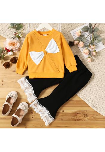 2-piece Toddler Girl Bowknot Design Pullover Sweatshirt and Lace Cuff Flared Pants Set