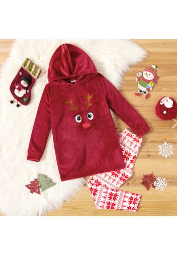 2-piece Kid Girl Christmas Deer Embroidered Velvet Hoodie Sweatshirt and Tree Geo Print Pants Set