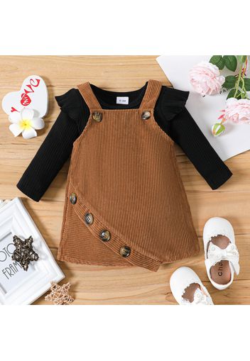 2pcs Baby Girl Solid Ribbed Ruffle Long-sleeve Romper and Corduroy Overall Dress Set