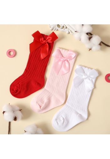 3-pairs Baby / Toddler Bow Decor Plain Ribbed Crew Socks