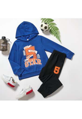 Fashionable Kid Boy Letter Colorblock Print Hoodie Top Pants 2-piece Sporty Casual Set