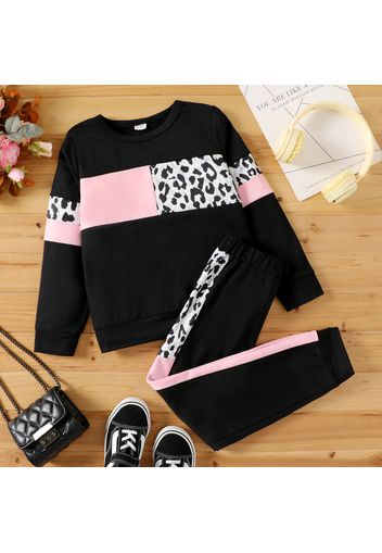 2pcs Kid Girl Leopard Print Colorblock Sweatshirt and Black Pants Set