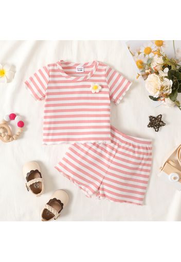 2pcs Baby Girl 3D Flower Design Striped Ribbed Short-sleeve Top and Shorts Set