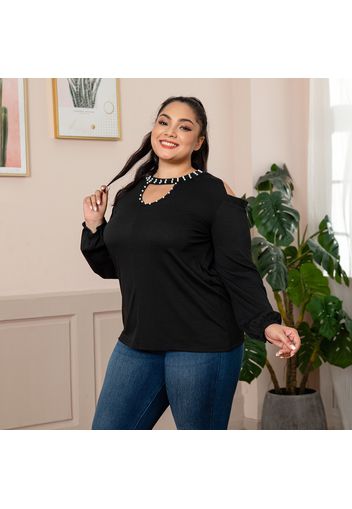 Women Plus Size Casual Beaded Cold Shoulder Hollow out Front Long-sleeve Black T-shirt