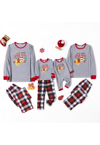 Christmas Sloth and Letter Print Grey Family Matching Long-sleeve Plaid Pajamas Sets (Flame Resistant)