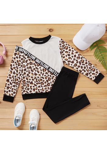 2-piece Kid Girl Letter Leopard Print Cold Shoulder Long-sleeve Top and Solid Leggings Set