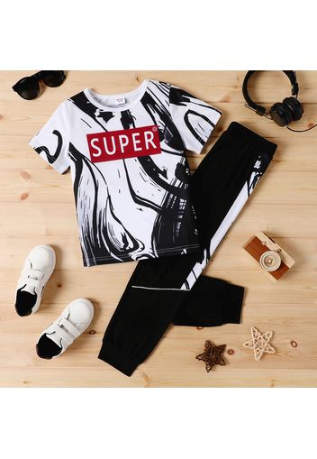 2pcs Kid Boy Letter Painting Print Short-sleeve Tee and Elasticized Colorblock Pants Set