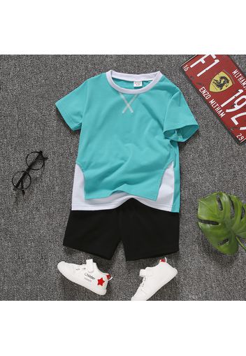 2pcs Toddler Boy Casual Colorblock Faux-two Tee and Black Shorts Set