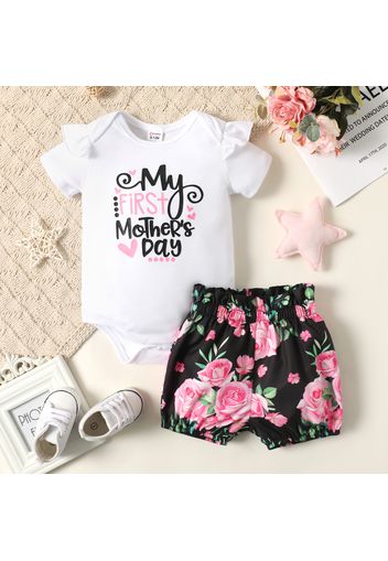 Mother's Day 2pcs Baby Girl Letter Print Short-sleeve Romper and Floral Print Shorts Set