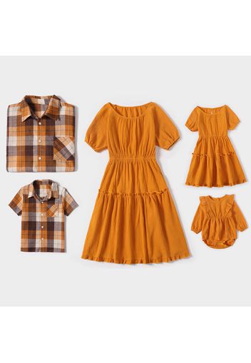 Family Matching Yellow Crepe Short-sleeve Ruffle Dresses and Plaid Shirts Sets