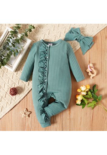 2pcs Baby Girl Ribbed Green/White Rabbit Print Long-sleeve Ruffle Jumpsuit Set