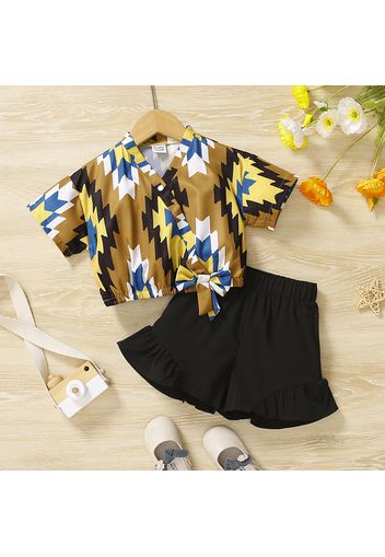 2pcs Toddler Girl Surplice Neck Bowknot Design Short-sleeve Tee and Pretty Ruffled Black Shorts Set