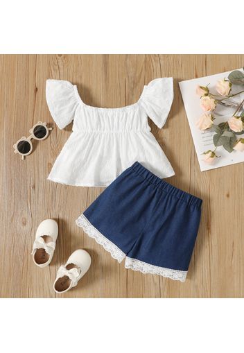 2pcs Toddler Girl Off Shoulder Dotted Swiss White Short-sleeve Blouse and Lade Design Denim Shorts Set