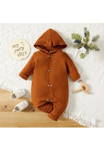 Baby Boy/Girl Solid Double Breasted Long-sleeve Hooded Knitted Jumpsuit