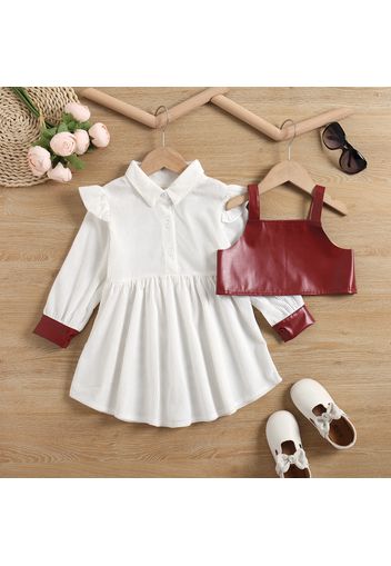 2pcs Toddler Girl Lapel Collar Buton Design Long-sleeve White Corduroy Dress and PU Cami Set