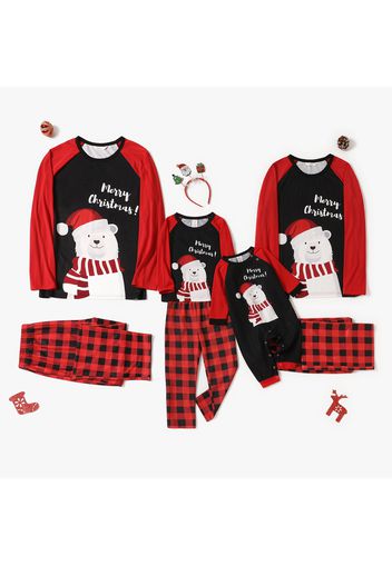 Christmas Polar Bear and Letter Print Family Matching Raglan Long-sleeve Red Plaid Pajamas Sets (Flame Resistant)