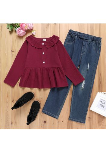 2-piece Kid Girl Doll Collar Button Design Long-sleeve Burgundy Top and Elasticized Ripped Denim Jeans Set