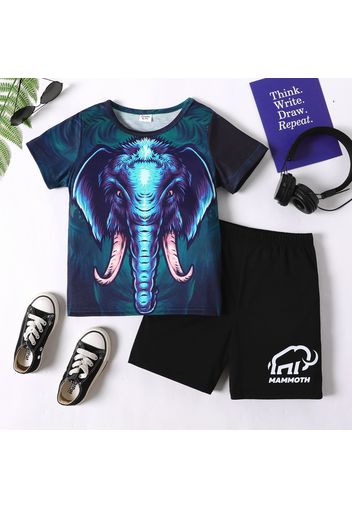 2pcs Kid Boy Animal Elephant Print Short-sleeve Tee and Letter Print Black Shorts Set