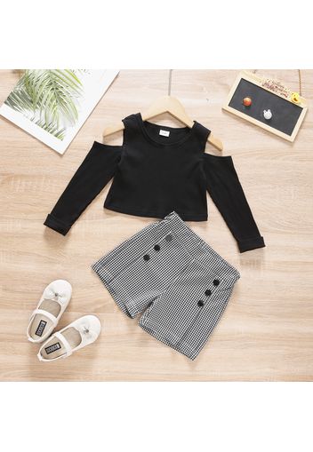 2-piece Toddler Girl Cold Shoulder Long-sleeve Black Top and Button Design Houndstooth Shorts Set