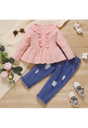 2-piece Toddler Girl Ruffled Button Design Long-sleeve Peplum Pink Top and Blue Ripped Denim Jeans Set