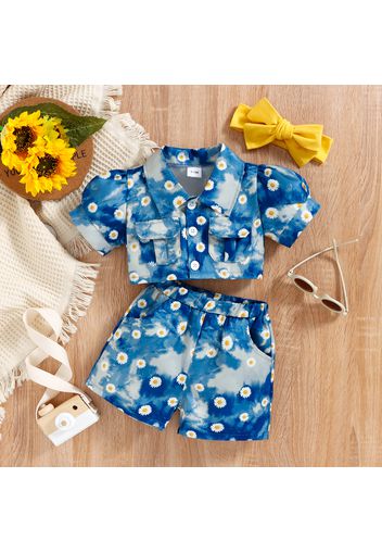 3pcs Baby Girl All Over Daisy Floral Print Puff-sleeve Button Up Crop Top and Shorts with Headband Set