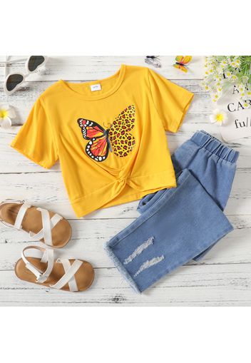 2-piece Kid Girl Butterfly Print Twist Front Yellow Tee and Ripped Denim Jeans Set